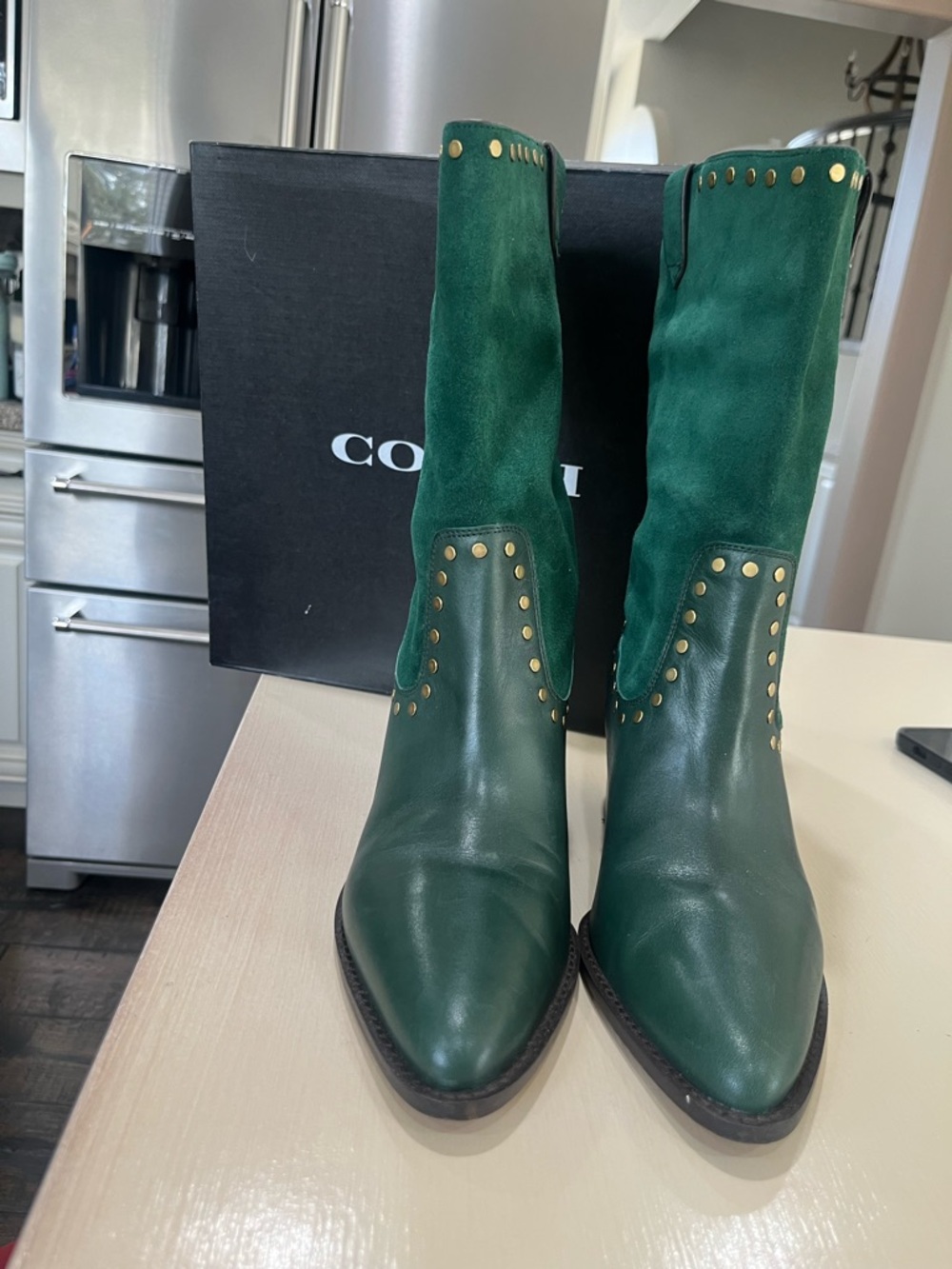 Coach Green Leather and Suede Studded Lace-Up Boots